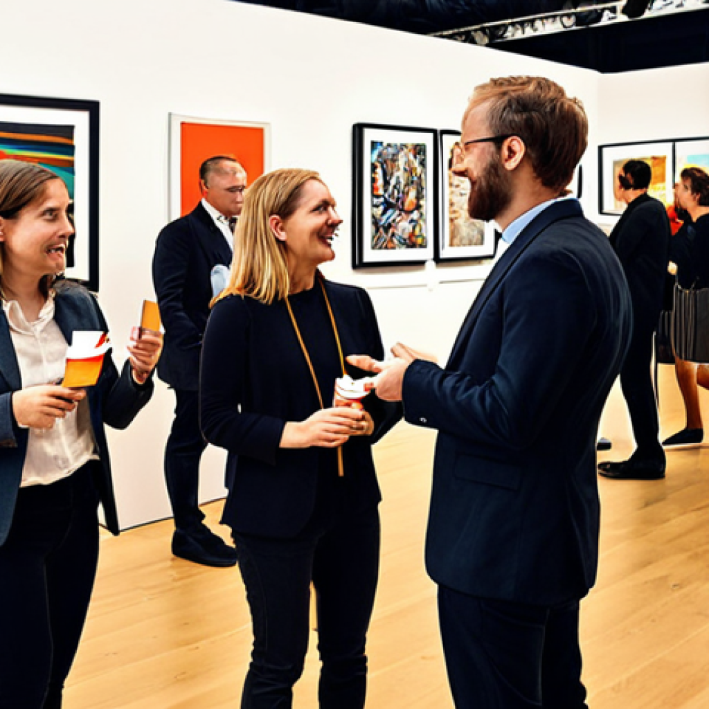 **

"A vibrant networking event for artists and cultural managers. Focus on the exchange of business cards and friendly conversations with diverse people including Galeristen, Kuratoren, andere Künstler, Journalisten, Sponsoren. Dynamic lighting, modern art gallery setting."

**