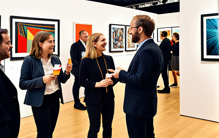 **
"A vibrant networking event for artists and cultural managers. Focus on the exchange of business cards and friendly conversations with diverse people including Galeristen, Kuratoren, andere Künstler, Journalisten, Sponsoren. Dynamic lighting, modern art gallery setting."
**