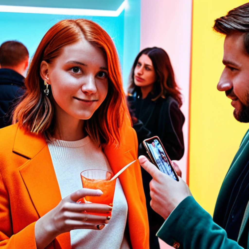 **

A vibrant Vernissage (art opening) in a trendy Berlin gallery. Young people are networking, discussing art, and taking photos for social media. The artwork is modern and colorful, and the lighting is warm and inviting. Focus on the energy of the crowd and the stylish atmosphere.  Include details such as trendy outfits, smartphones, and Aperol Spritz cocktails.

**