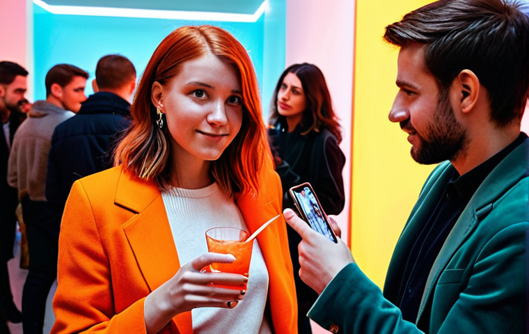 **
A vibrant Vernissage (art opening) in a trendy Berlin gallery. Young people are networking, discussing art, and taking photos for social media. The artwork is modern and colorful, and the lighting is warm and inviting. Focus on the energy of the crowd and the stylish atmosphere. Include details such as trendy outfits, smartphones, and Aperol Spritz cocktails.
**