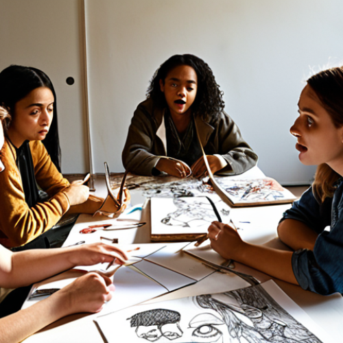 Home 17 **
A diverse group of artists passionately discussing a project around a table cluttered with sketches and models. Light streams in, highlighting the tension in their faces but also the potential for collaboration. The overall mood is energetic and slightly chaotic, reflecting the creative process. Focus on showing varied expressions and body language. Include elements that suggest both artistic vision and budget constraints (e.g., high-end materials mixed with repurposed items).
**