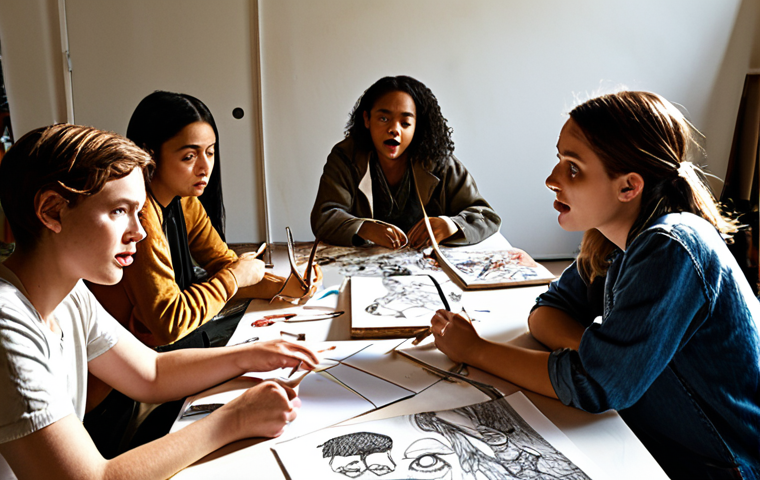 **
A diverse group of artists passionately discussing a project around a table cluttered with sketches and models. Light streams in, highlighting the tension in their faces but also the potential for collaboration. The overall mood is energetic and slightly chaotic, reflecting the creative process. Focus on showing varied expressions and body language. Include elements that suggest both artistic vision and budget constraints (e.g., high-end materials mixed with repurposed items).
**