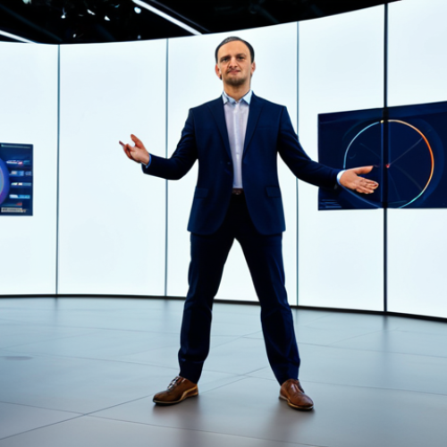 Home 8 A professional cultural leader, appearing in a modern, modest business suit, stands in a sleek, minimalist exhibition hall. They are gracefully gesturing towards a large, interactive transparent display that shows abstract digital art forms and dynamic data visualizations, representing digital transformation in culture. The setting is bright and forward-looking, with subtle technological elements integrated into the design. fully clothed, appropriate attire, safe for work, perfect anatomy, correct proportions, natural pose, well-formed hands, proper finger count, professional photography, high quality, professional.