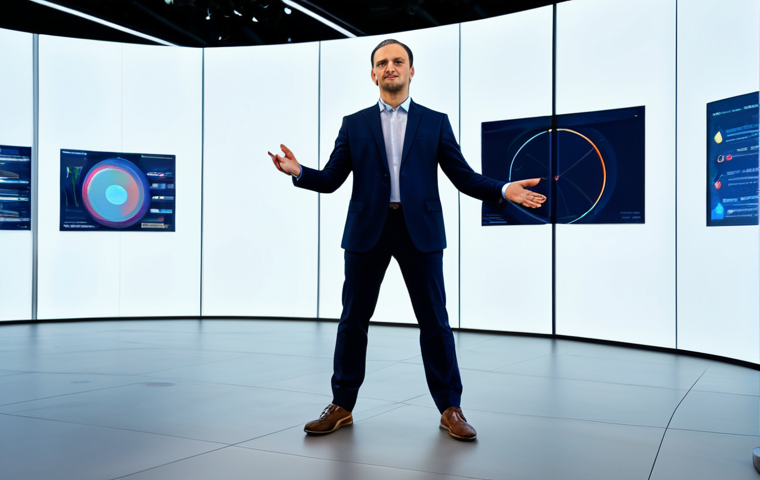 A professional cultural leader, appearing in a modern, modest business suit, stands in a sleek, minimalist exhibition hall. They are gracefully gesturing towards a large, interactive transparent display that shows abstract digital art forms and dynamic data visualizations, representing digital transformation in culture. The setting is bright and forward-looking, with subtle technological elements integrated into the design. fully clothed, appropriate attire, safe for work, perfect anatomy, correct proportions, natural pose, well-formed hands, proper finger count, professional photography, high quality, professional.