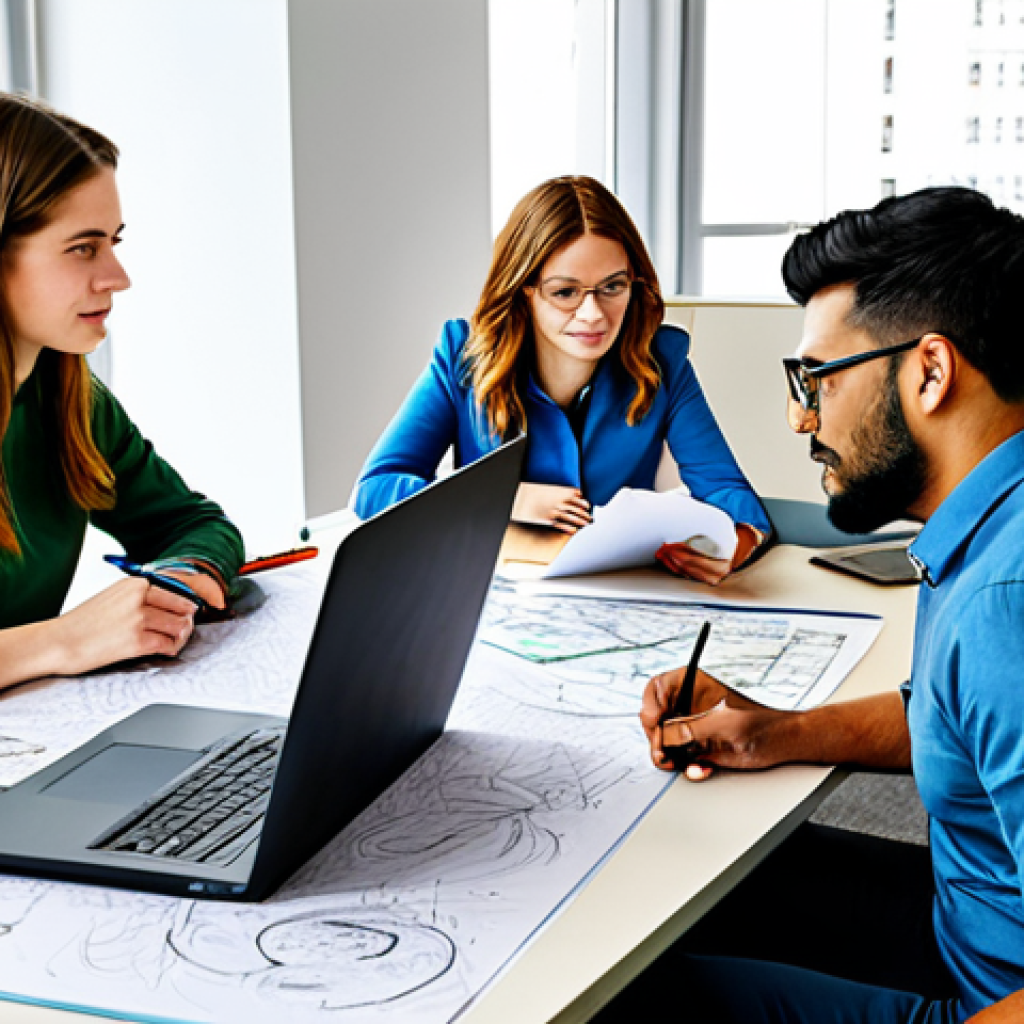 **

"A diverse group of people brainstorming art project ideas around a table covered in colorful sketches and laptops, modern office setting, fully clothed, appropriate attire, safe for work, perfect anatomy, natural proportions, professional, family-friendly."

**