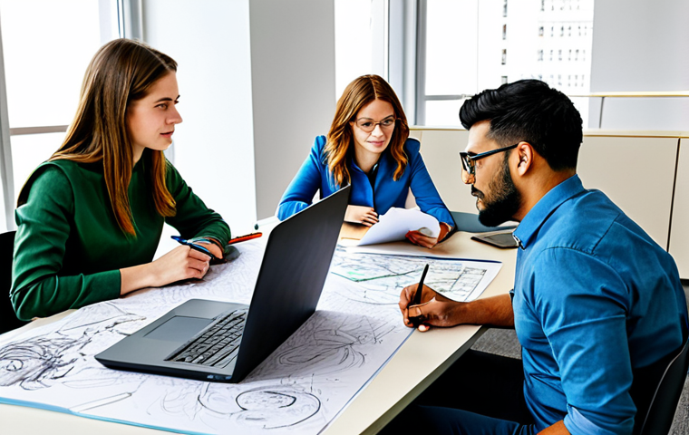 **

"A diverse group of people brainstorming art project ideas around a table covered in colorful sketches and laptops, modern office setting, fully clothed, appropriate attire, safe for work, perfect anatomy, natural proportions, professional, family-friendly."

**