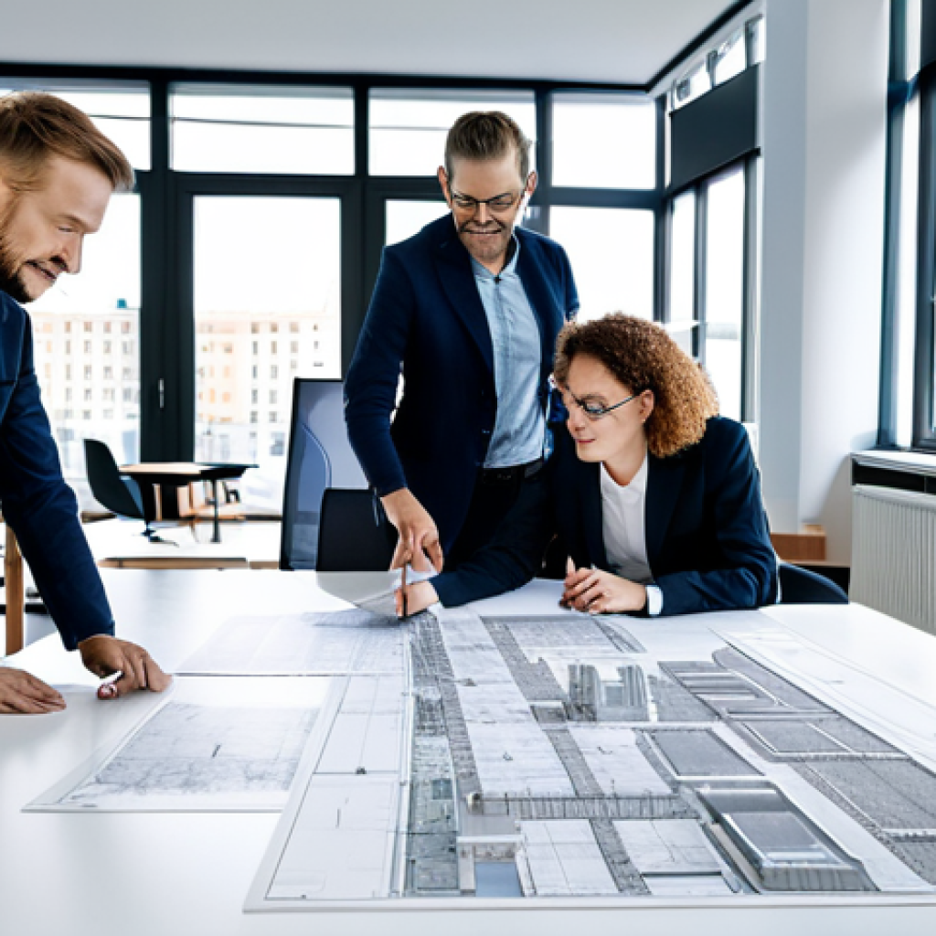 **

"A professional team of diverse architects in a modern, open-plan office in Berlin, Germany. They are reviewing blueprints and discussing a new museum design. Everyone is fully clothed in appropriate, business-casual attire. The scene is well-lit with natural light, showcasing architectural models and computer screens. Safe for work, appropriate content, professional, perfect anatomy, natural proportions, high quality."

**