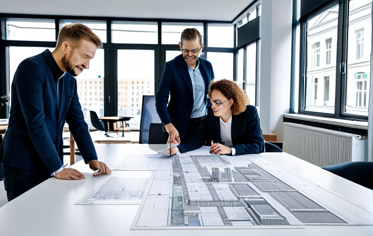 **

"A professional team of diverse architects in a modern, open-plan office in Berlin, Germany. They are reviewing blueprints and discussing a new museum design. Everyone is fully clothed in appropriate, business-casual attire. The scene is well-lit with natural light, showcasing architectural models and computer screens. Safe for work, appropriate content, professional, perfect anatomy, natural proportions, high quality."

**