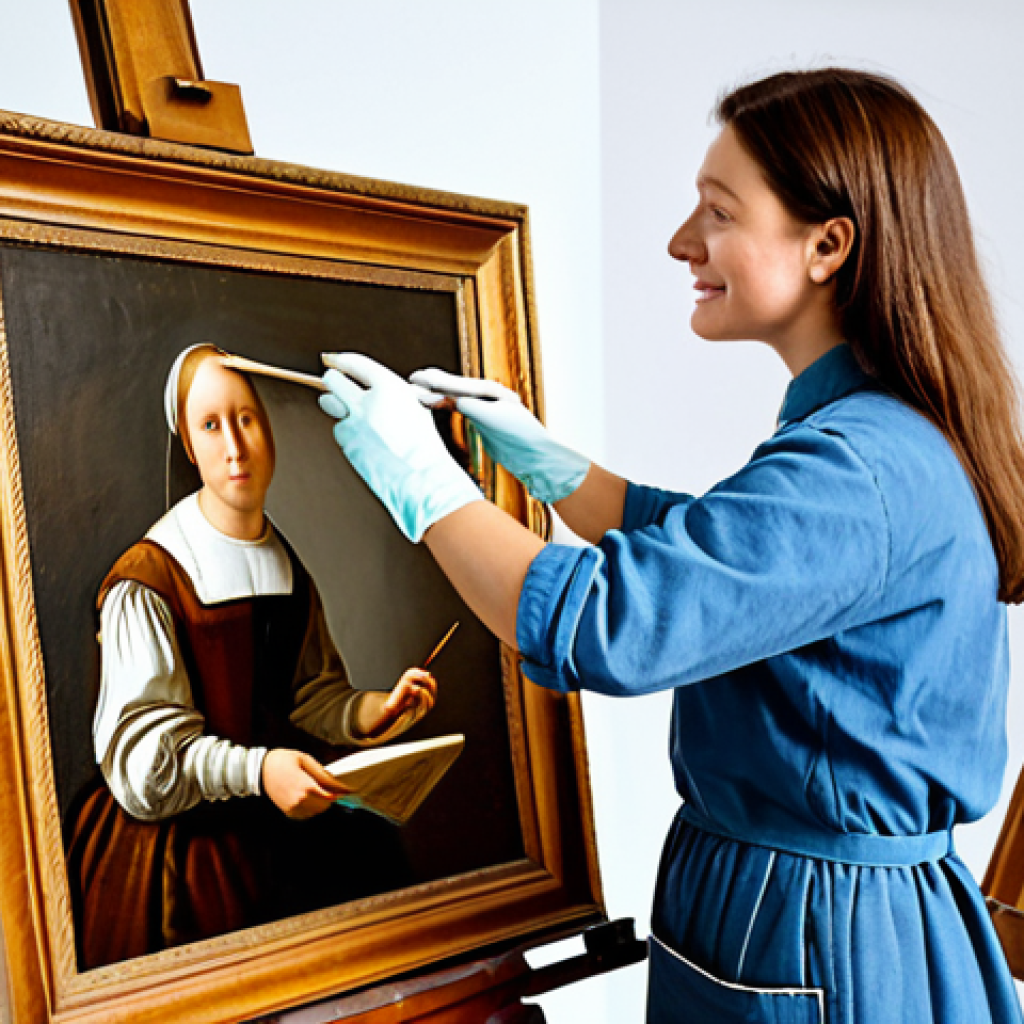 **Prompt:** A professional art restorer in a brightly lit studio, carefully cleaning a Renaissance painting with delicate tools, fully clothed in appropriate attire, safe for work, perfect anatomy, natural proportions, professional. The studio is filled with art supplies and historical documents. Focus on the detail of the brushstrokes and the aged canvas. Family-friendly.