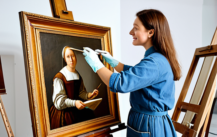 **Prompt:** A professional art restorer in a brightly lit studio, carefully cleaning a Renaissance painting with delicate tools, fully clothed in appropriate attire, safe for work, perfect anatomy, natural proportions, professional. The studio is filled with art supplies and historical documents. Focus on the detail of the brushstrokes and the aged canvas. Family-friendly.