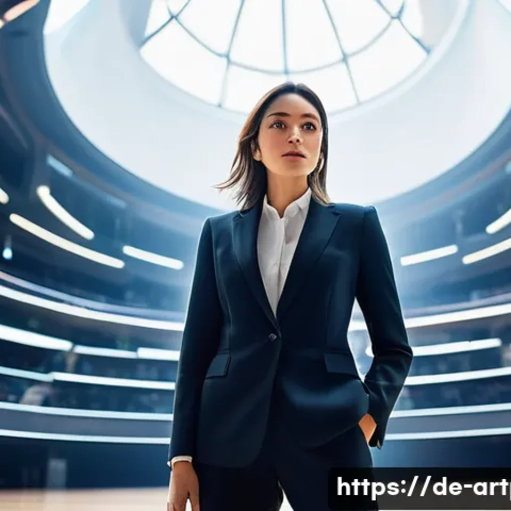미술문화기획사의 직업적 성격 유형 분석 - **The Visionary:** A dynamic image of a confident female professional in her late 20s, dressed in sm...