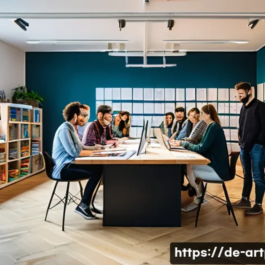 미술문화기획사의 직무 수행 경험담 - A dynamic scene inside a modern cultural agency office in Berlin, showing a diverse team of creative...