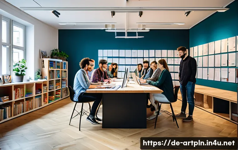 미술문화기획사의 직무 수행 경험담 - A dynamic scene inside a modern cultural agency office in Berlin, showing a diverse team of creative...