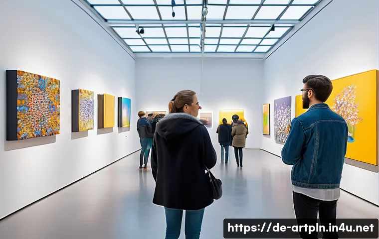 미술문화기획사의 성공 프로젝트 사례 - A modern art exhibition scene inside a bright, spacious gallery in Berlin, featuring visitors of div...