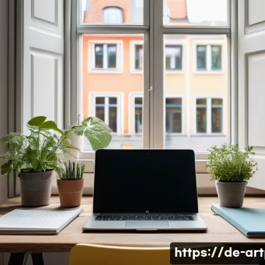 미술문화기획사의 일과 삶의 균형 유지 방법 - A cozy, modern German home office scene for a creative professional specializing in art and culture ...