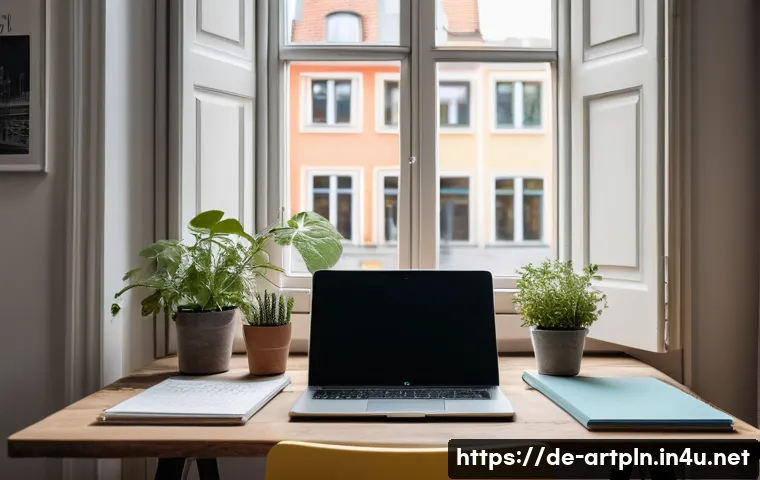 미술문화기획사의 일과 삶의 균형 유지 방법 - A cozy, modern German home office scene for a creative professional specializing in art and culture ...