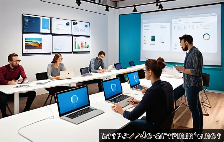 미술문화기획사의 실기 시험 연습 사례 - A modern office setting with a diverse team of young professionals collaboratively planning a cultur...