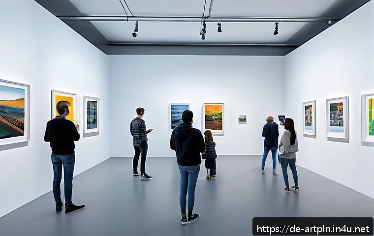 미술문화기획사와 관련된 최신 학문 동향 - A modern art gallery blending traditional paintings with cutting-edge technology, featuring visitors...